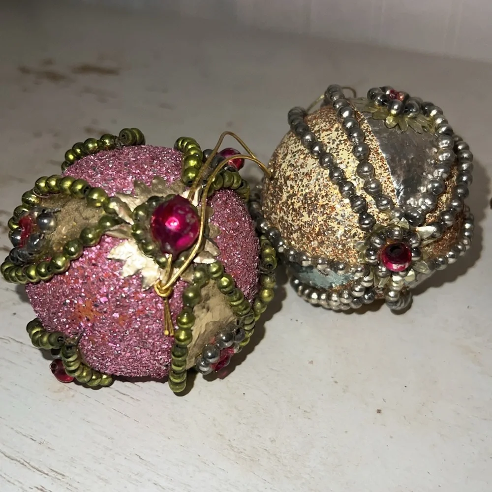 Vintage Mercury glass Beaded Sequined Christmas Ornaments Set balls